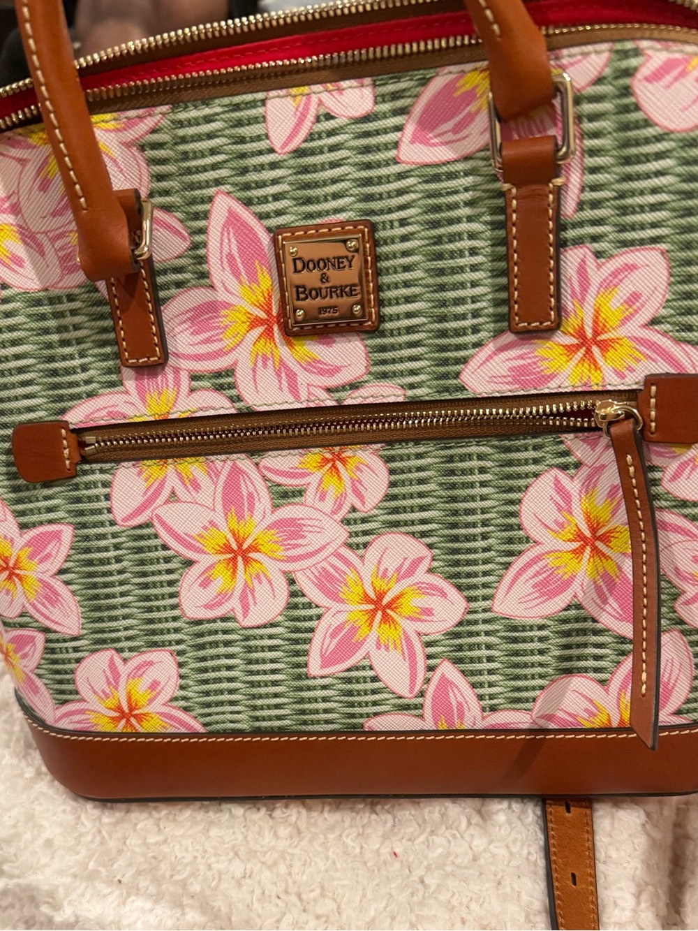Dooney & Bourke Green Floral Tote with Pink Blossoms and Brown Leather Trim - Picture 2 of 4